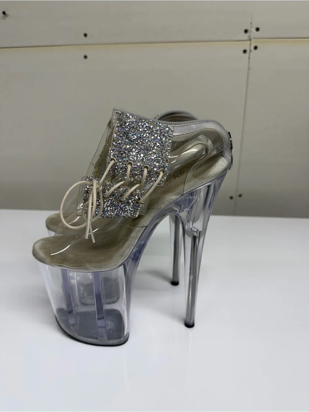 Size 7 Pleaser Clear Platform Stiletto Heels with Silver Glitter Lace Panel
